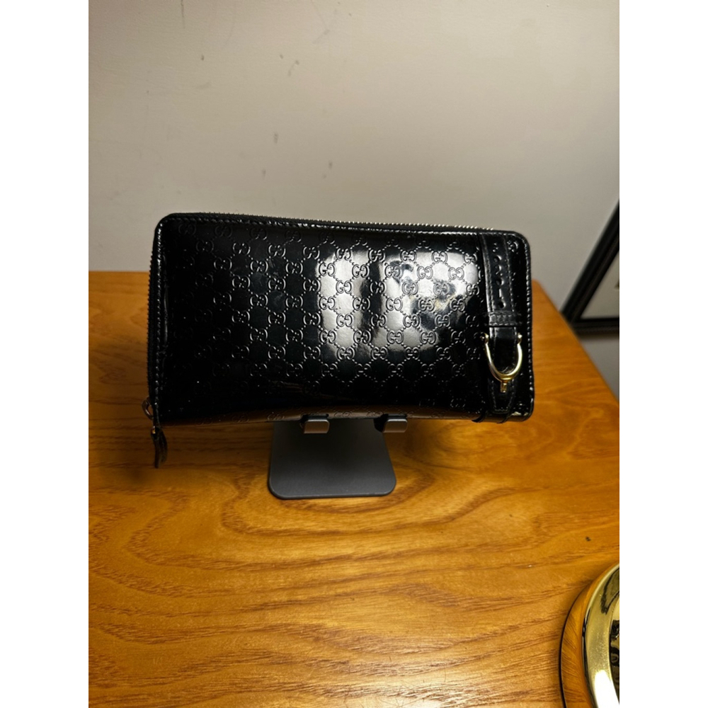 Gucci Black Monogram Patent Leather Long Zip Wallet w/ Horsebit Detail - Picture 1 of 9